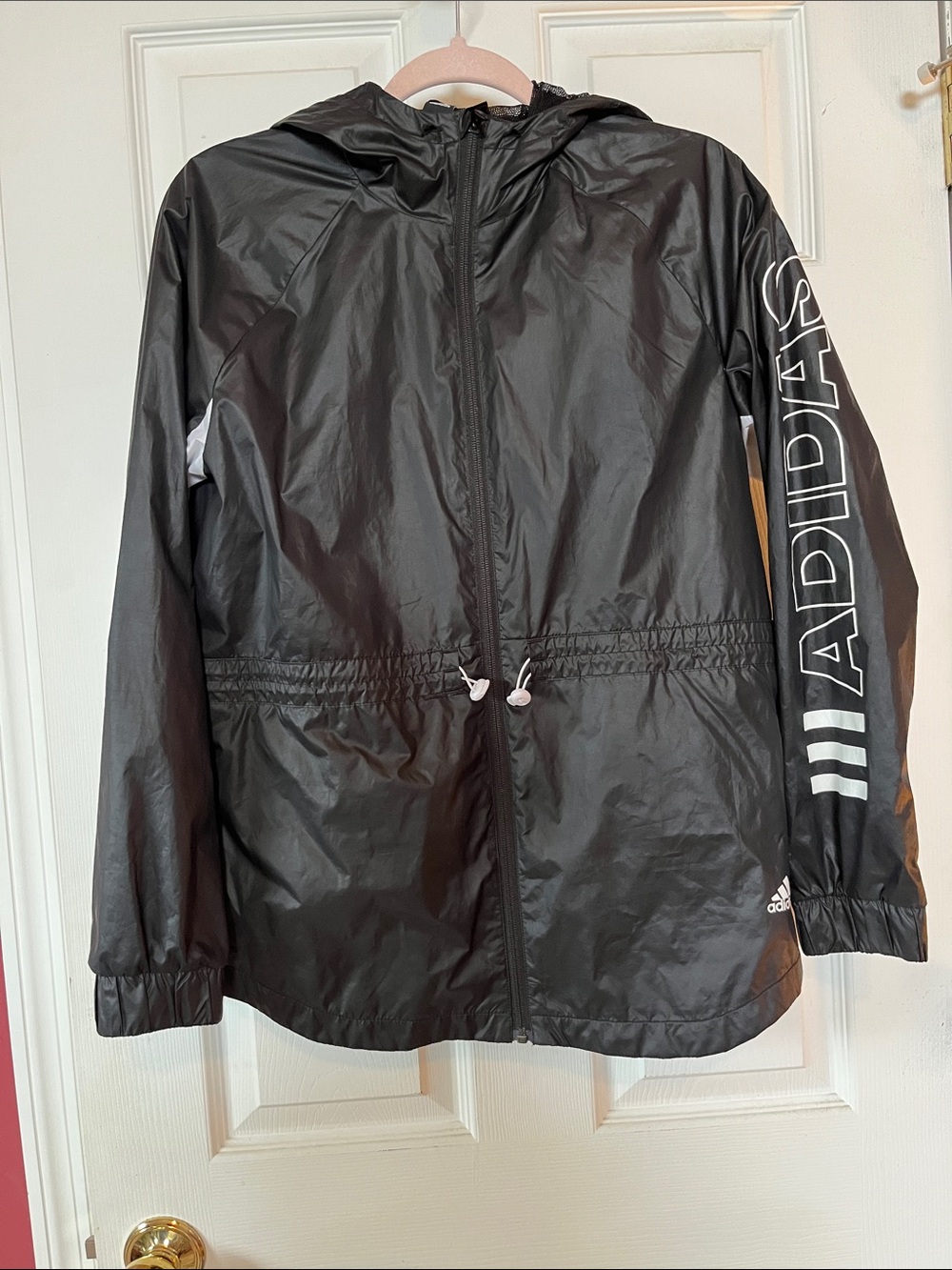 adidas Black Hooded Rain Jacket with White Sleeve Logo